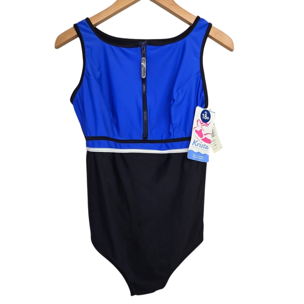 Vintage 90s Krista Womens Plus 18W Tummy Control Sears Swimsuit Blue Zip NWT